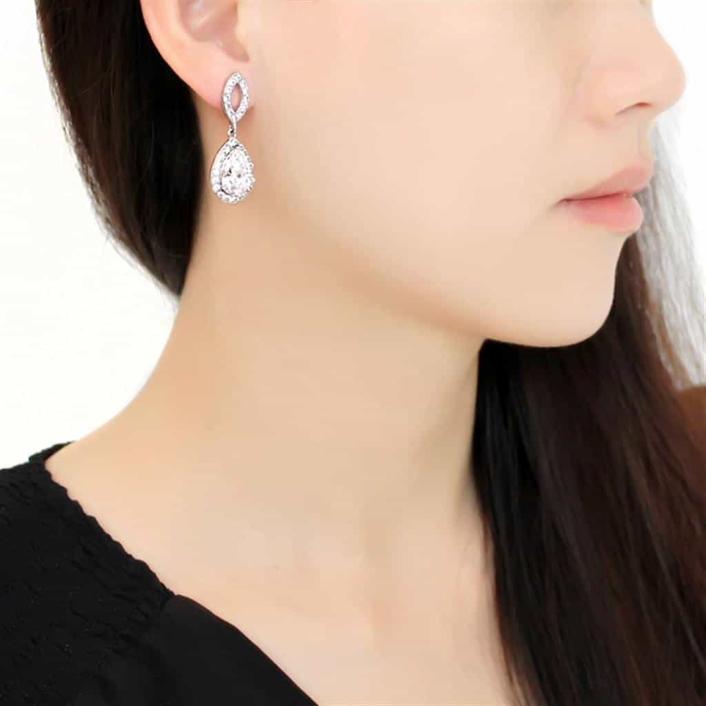 Stainless Steel CZ Pear Halo Infinity Teardrop Drop Earrings view 3