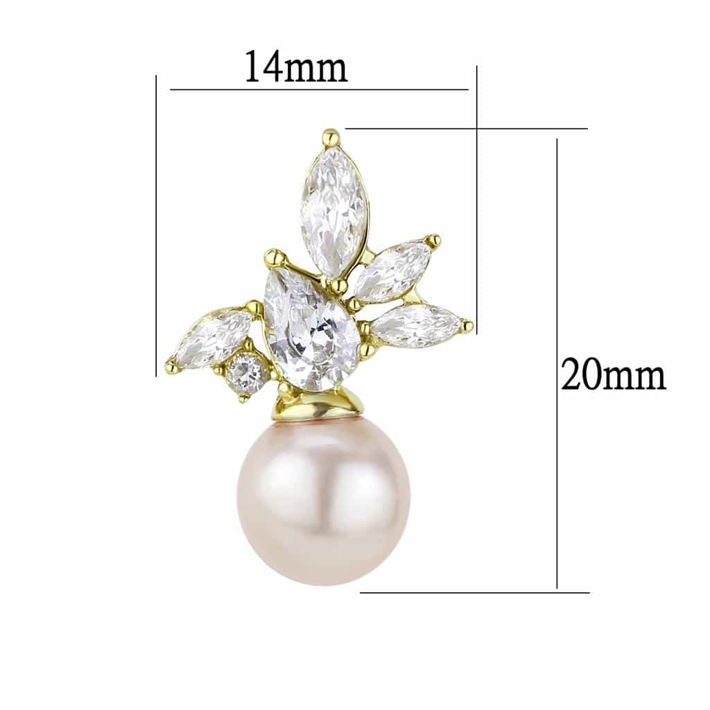 Stainless Steel Gold IP CZ Marquise Leaf Cluster Pearl Earrings view 2