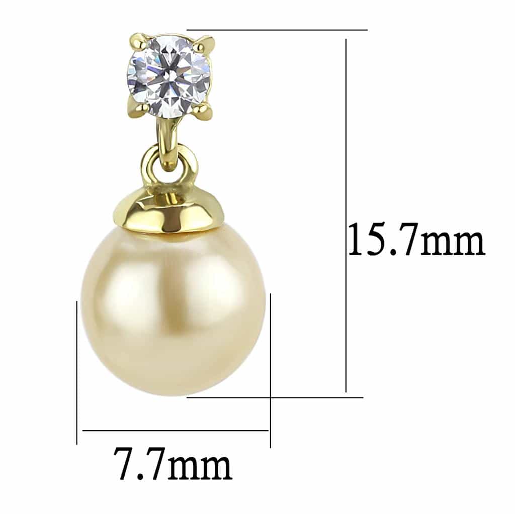Stainless Steel Gold IP CZ Round Pearl Chain Drop Stud Earrings view 2