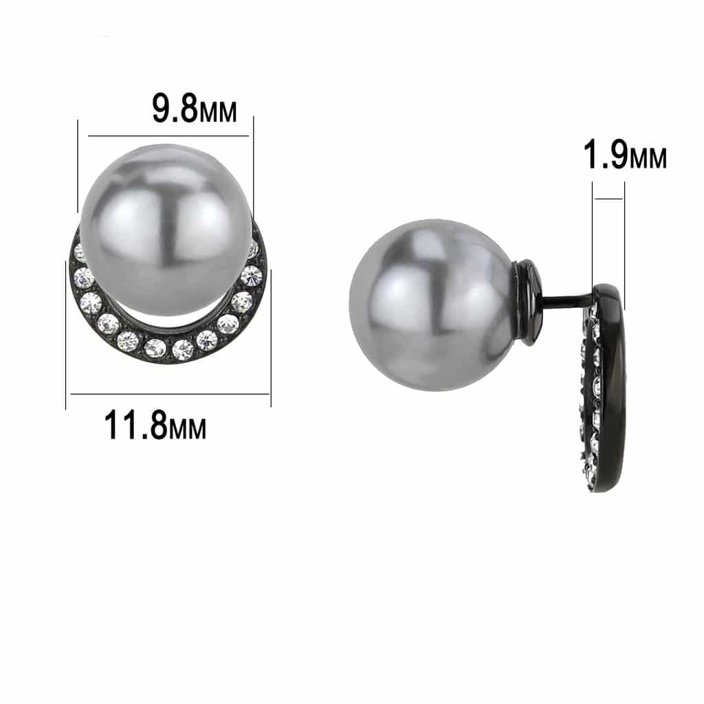 Stainless Steel Black IP Gray Pearl CZ Crescent Halo Earrings view 2