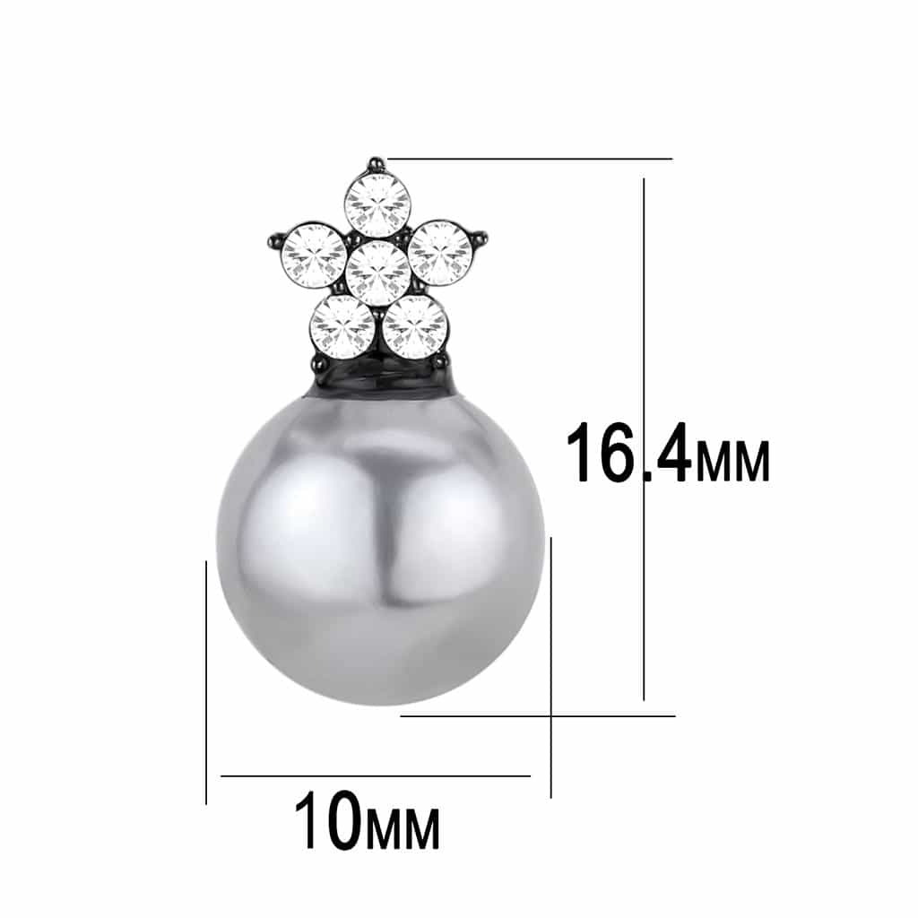 Stainless Steel Black IP Gray Pearl CZ Flower Cluster Earrings view 2