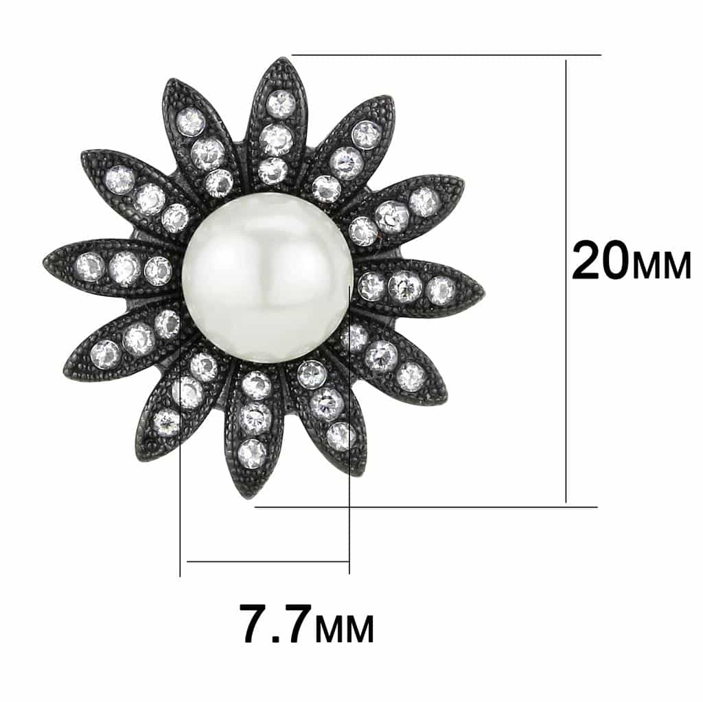 Stainless Steel Black IP White Pearl CZ Pave Sunflower Earrings view 2