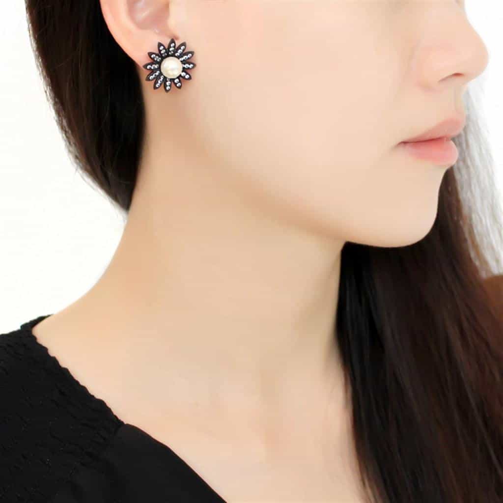 Stainless Steel Black IP White Pearl CZ Pave Sunflower Earrings view 3