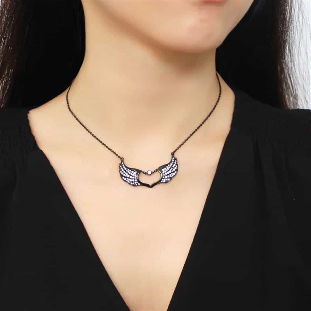 Stainless Steel Black IP CZ Pave Crescent Smile Pendant Necklace view 3