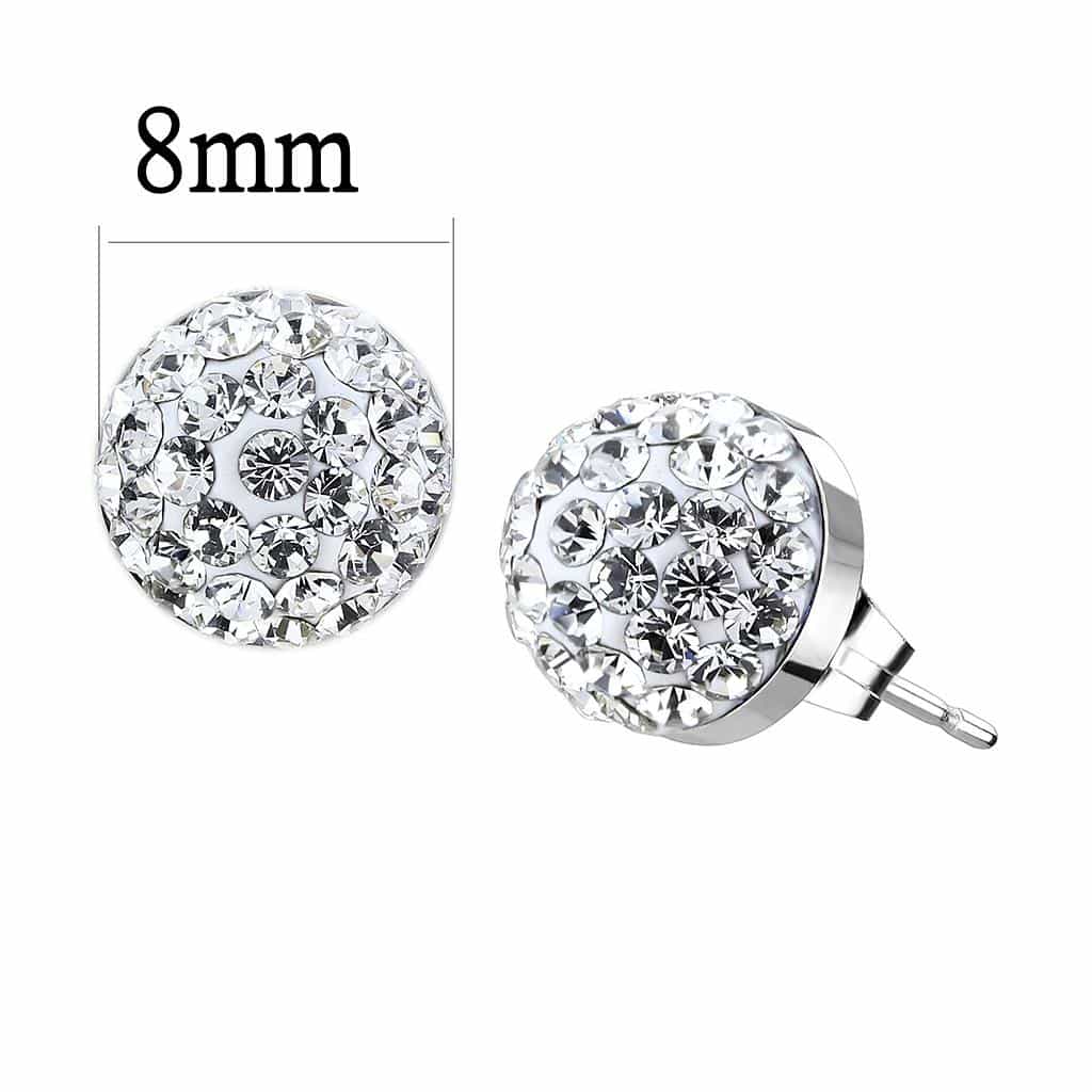 Stainless Steel Silver White Crystal Pave Ball Stud Earrings view 2