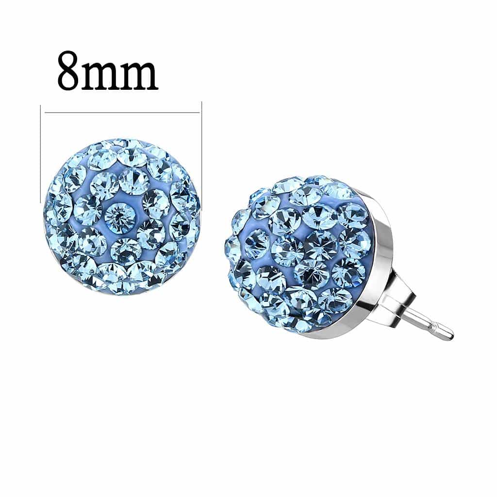 Stainless Steel Silver Aquamarine Crystal Pave Ball Stud Earrings view 2