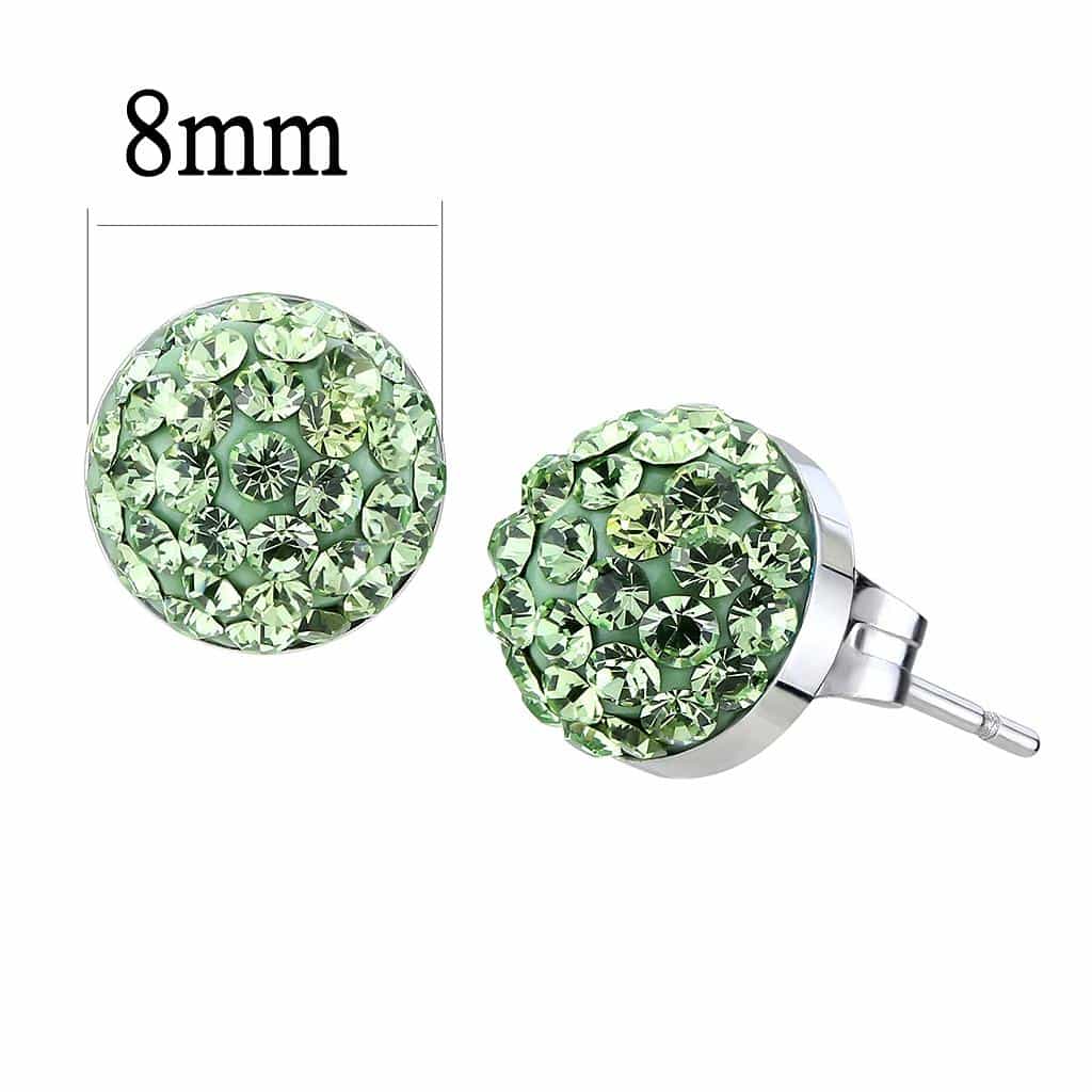 Stainless Steel Silver Peridot Green Crystal Pave Ball Earrings view 2