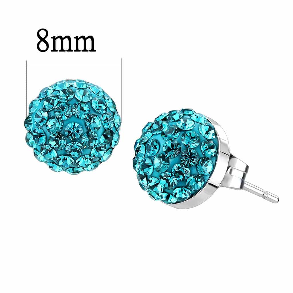 Stainless Steel Silver Teal Emerald Crystal Pave Ball Earrings view 2