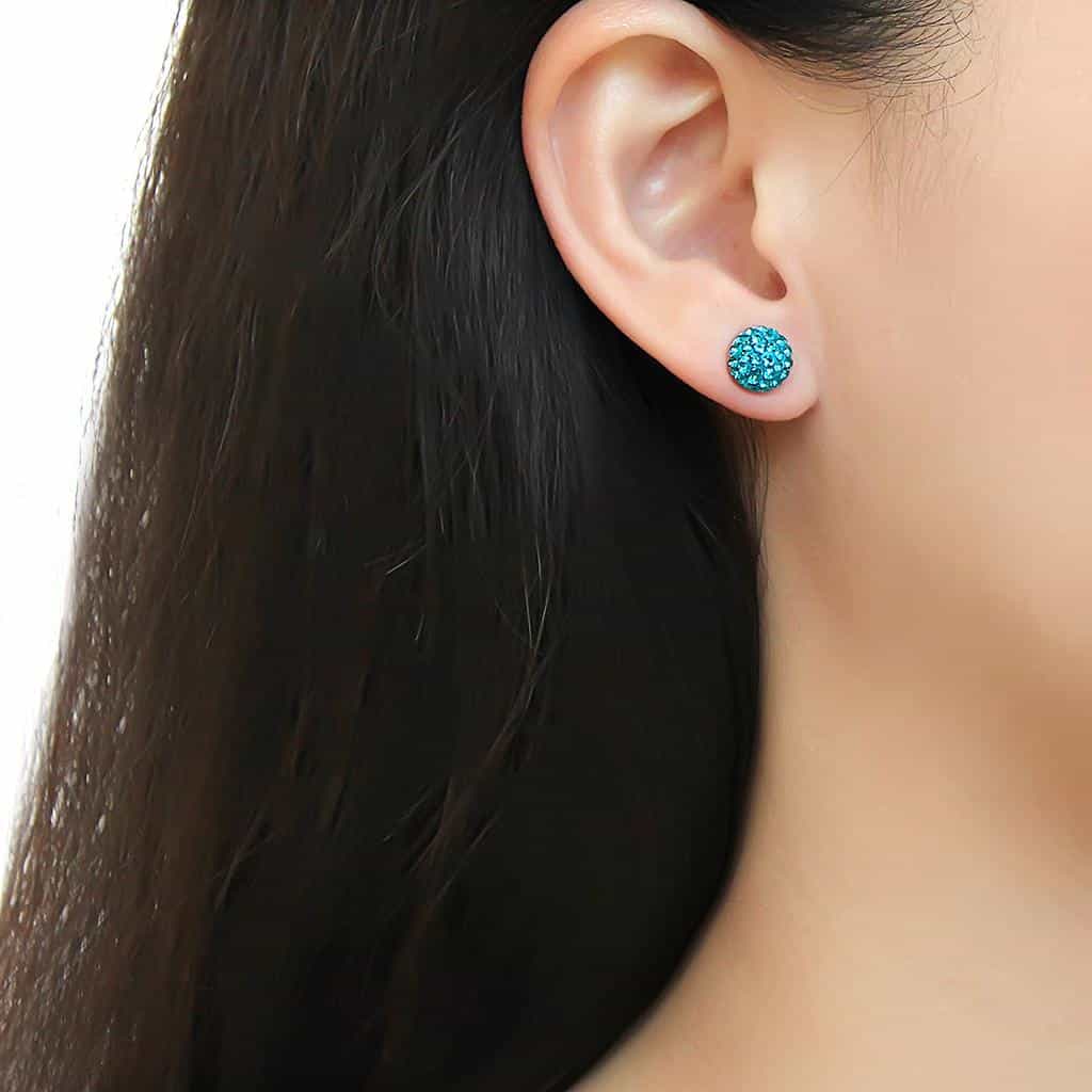 Stainless Steel Silver Teal Emerald Crystal Pave Ball Earrings view 3