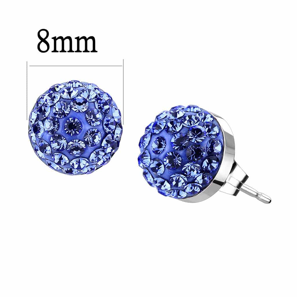 Stainless Steel Silver Blue Sapphire Crystal Pave Ball Stud Ring view 2