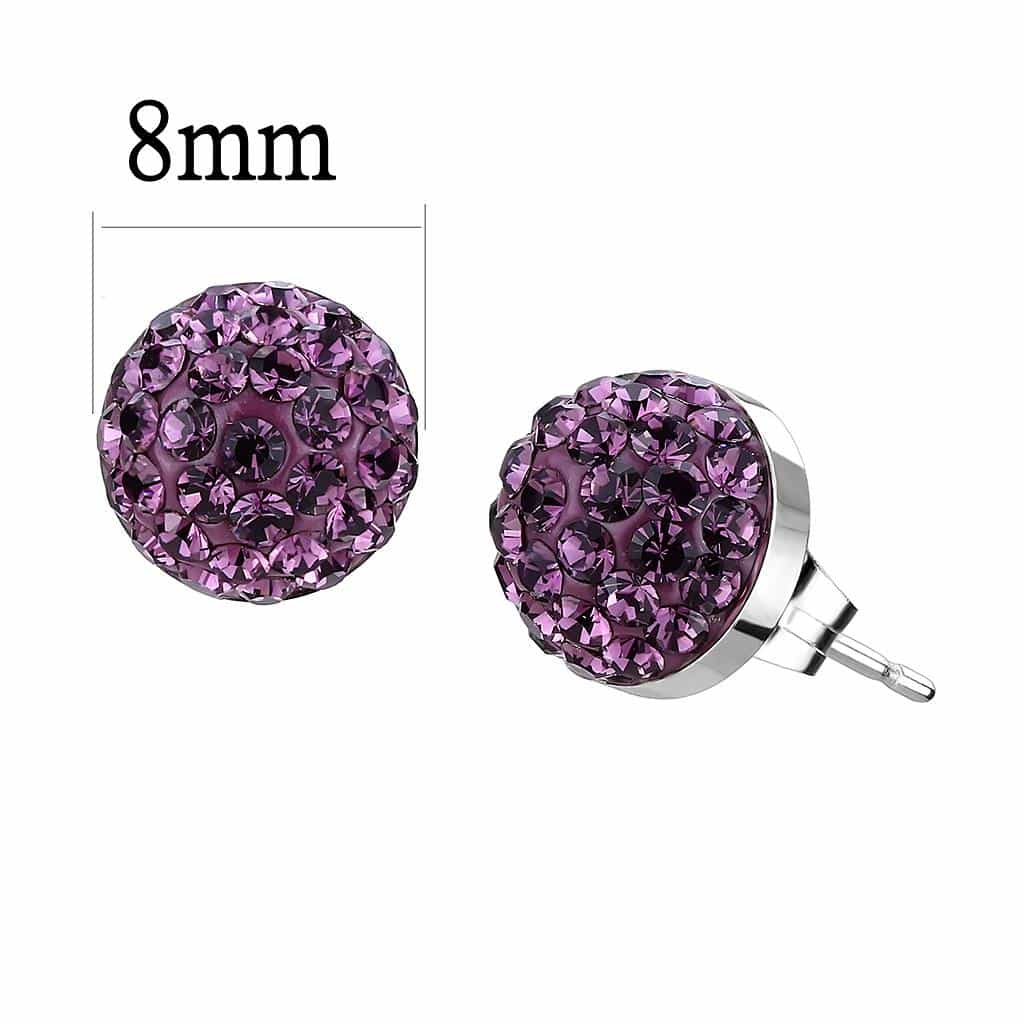 Stainless Steel Silver Light Amethyst Crystal Pave Ball Earrings view 2