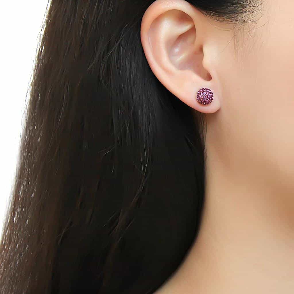 Stainless Steel Silver Light Amethyst Crystal Pave Ball Earrings view 3