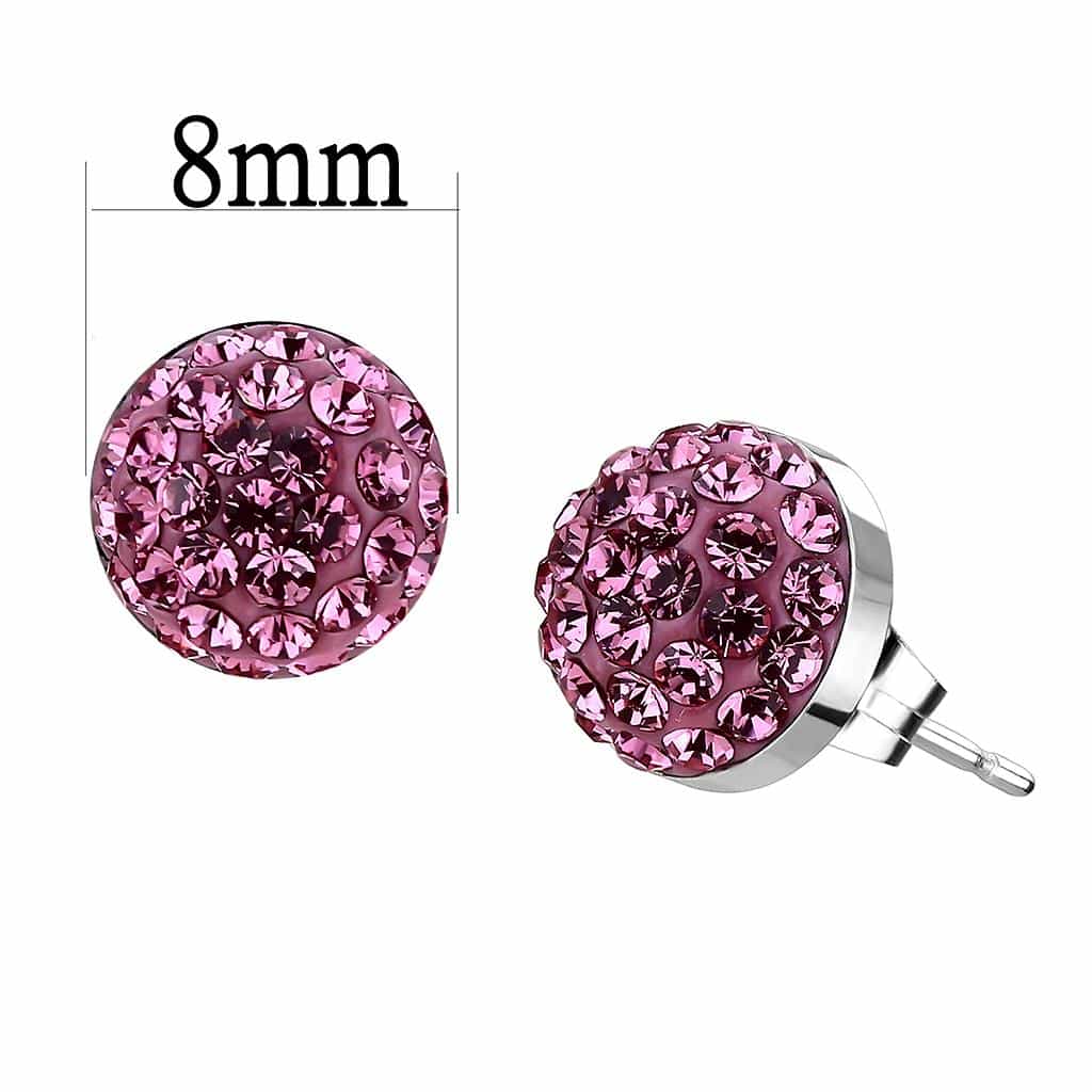 Stainless Steel Silver Rose Pink Crystal Pave Ball Stud Earrings view 2