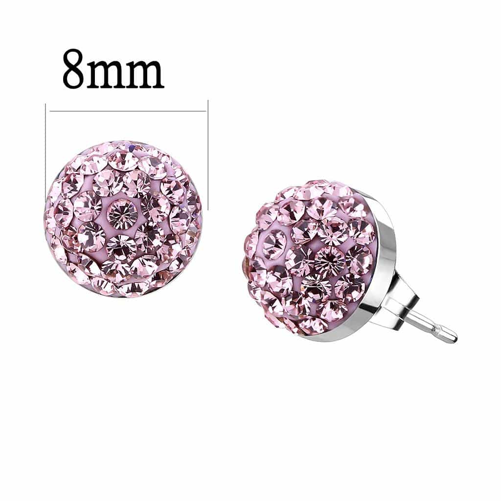Stainless Steel Silver Light Rose Crystal Pave Ball Stud Earrings view 2