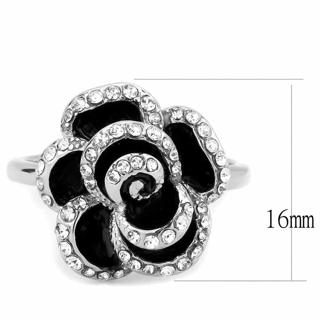 Stainless Steel Silver Black Enamel CZ Pave Rose Flower Ring view 7