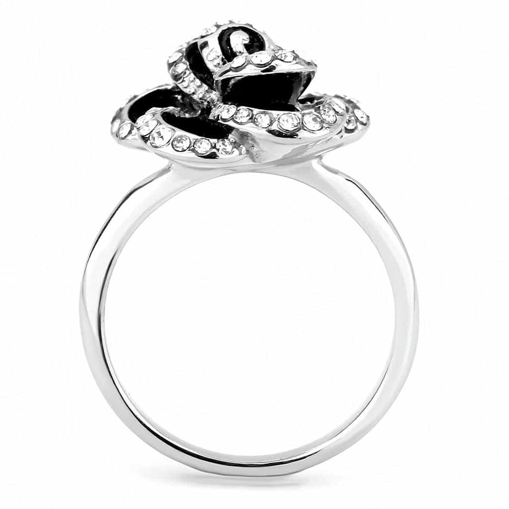 Stainless Steel Silver Black Enamel CZ Pave Rose Flower Ring view 3