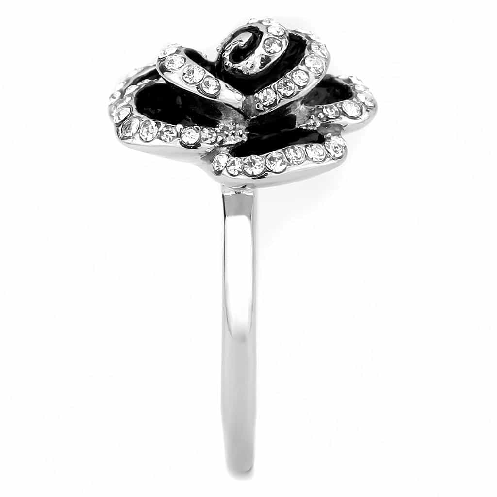 Stainless Steel Silver Black Enamel CZ Pave Rose Flower Ring view 9