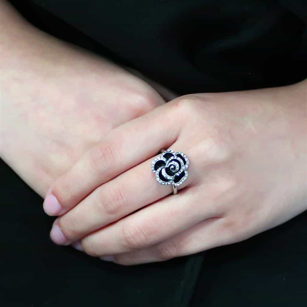 Stainless Steel Silver Black Enamel CZ Pave Rose Flower Ring view 10