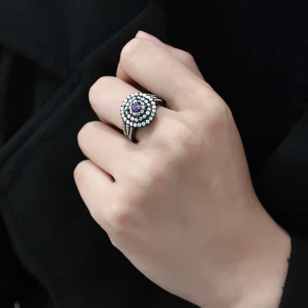 Stainless Steel Black IP Amethyst Aurora Borealis CZ Ring view 10
