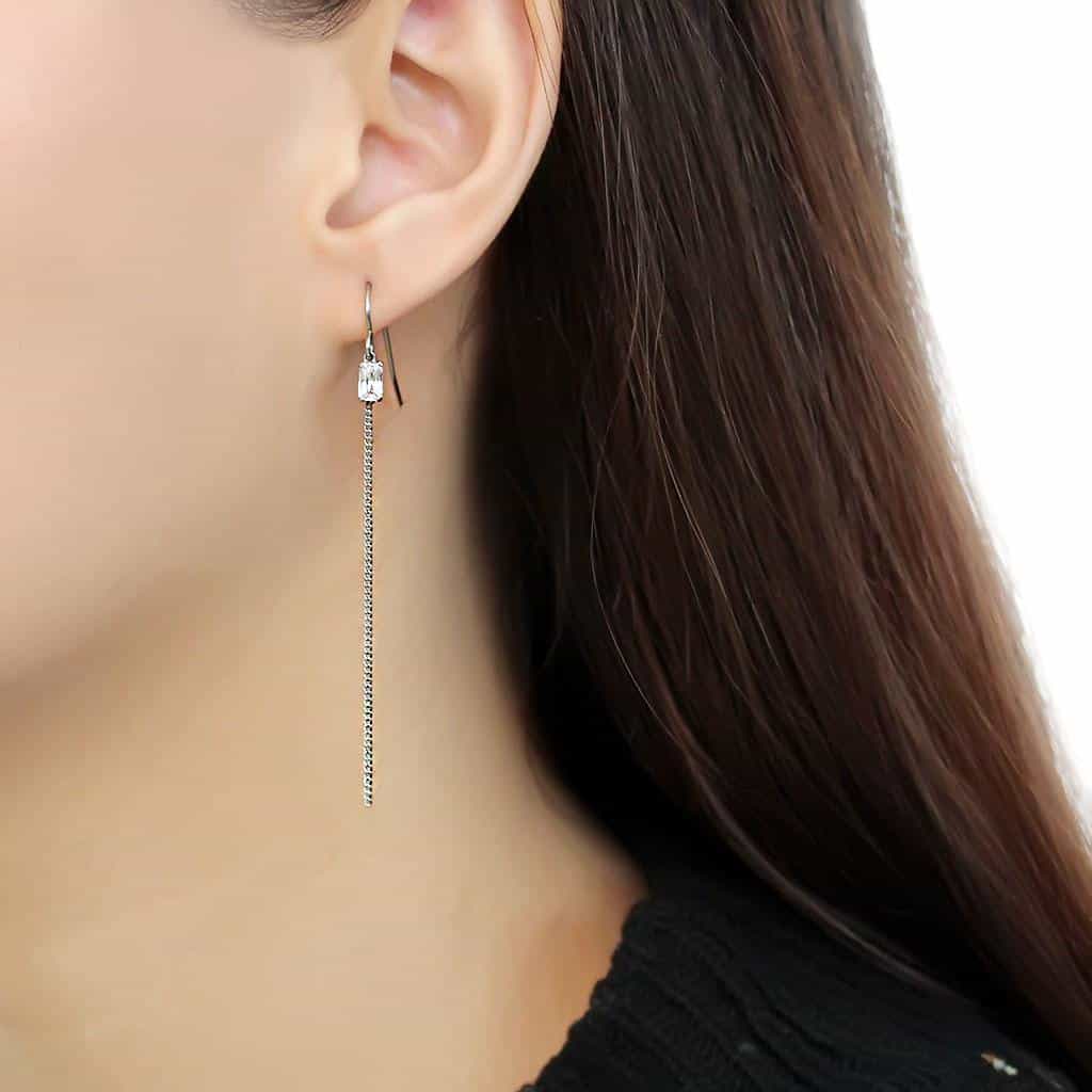 Sterling Silver CZ Bezel Chain Threader Drop Earrings view 3