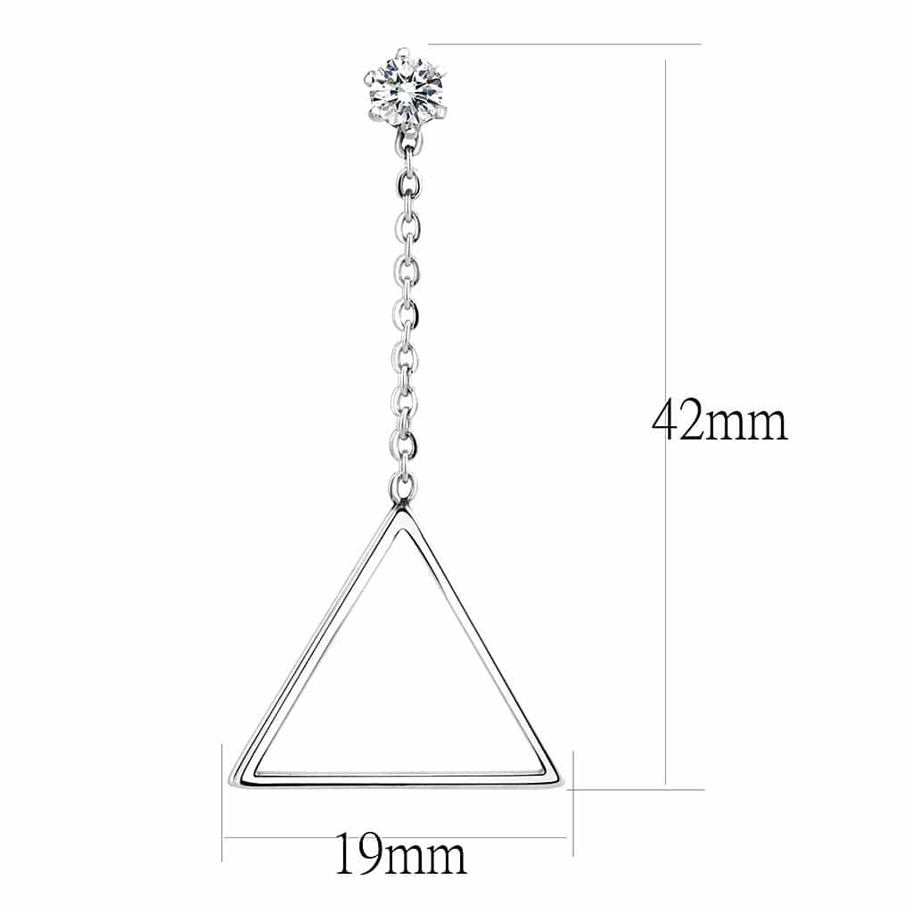 Stainless Steel Silver CZ Round Triangle Chain Drop Stud Earrings view 2