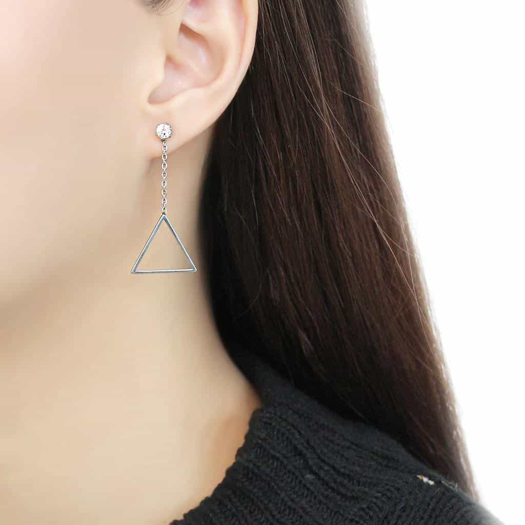 Stainless Steel Silver CZ Round Triangle Chain Drop Stud Earrings view 3