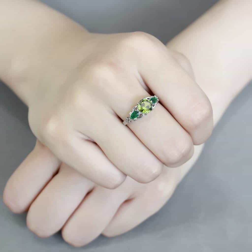 Stainless Steel Peridot Green Emerald CZ Pear Three Stone Ring view 5