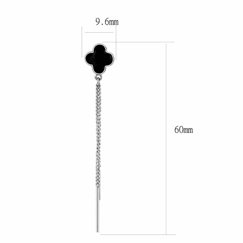 Stainless Steel Silver Black Enamel Clover Chain Earrings view 2