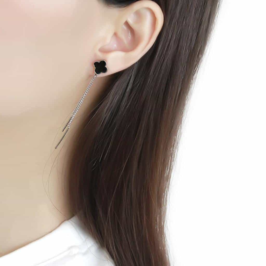 Stainless Steel Silver Black Enamel Clover Chain Earrings view 3