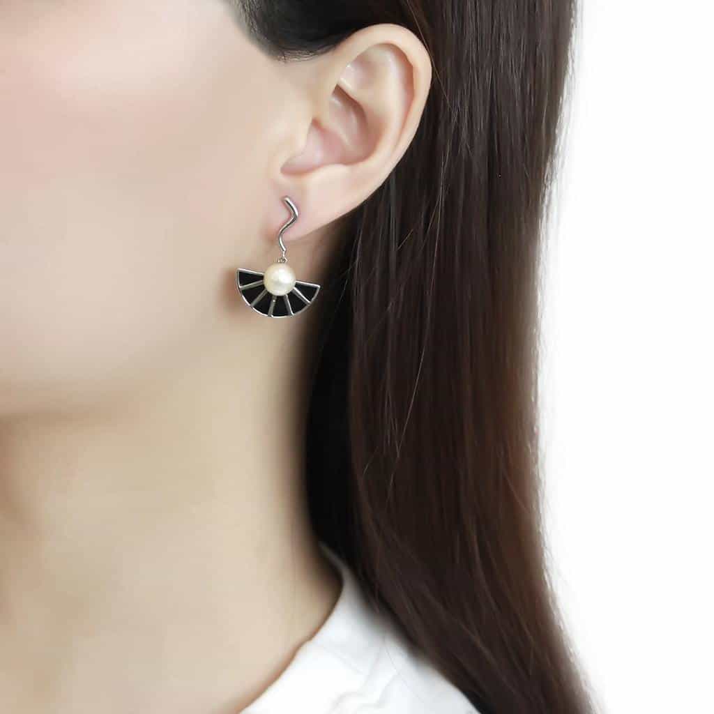 Stainless Steel Silver Black Enamel Pearl Fan Half Earrings view 3