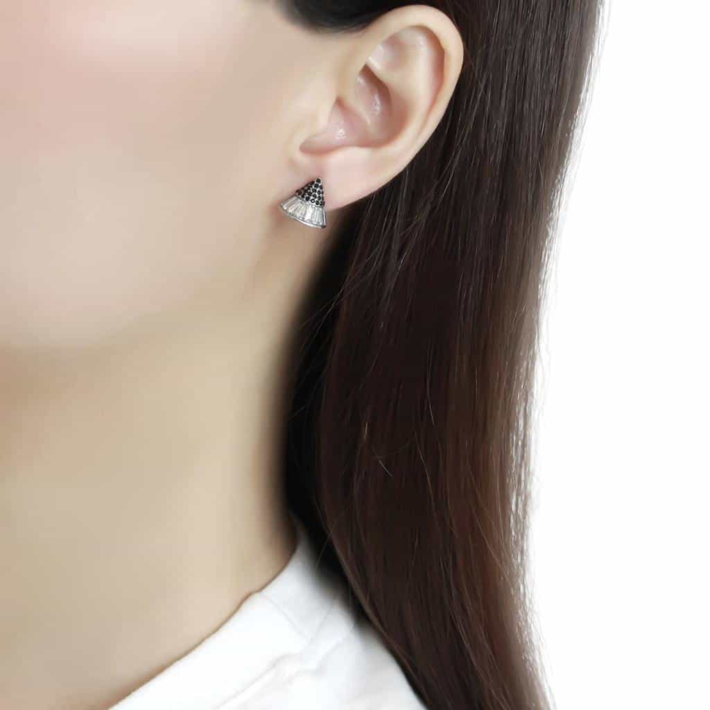 Stainless Steel Silver Black CZ Baguette Fan Triangle Earrings view 3
