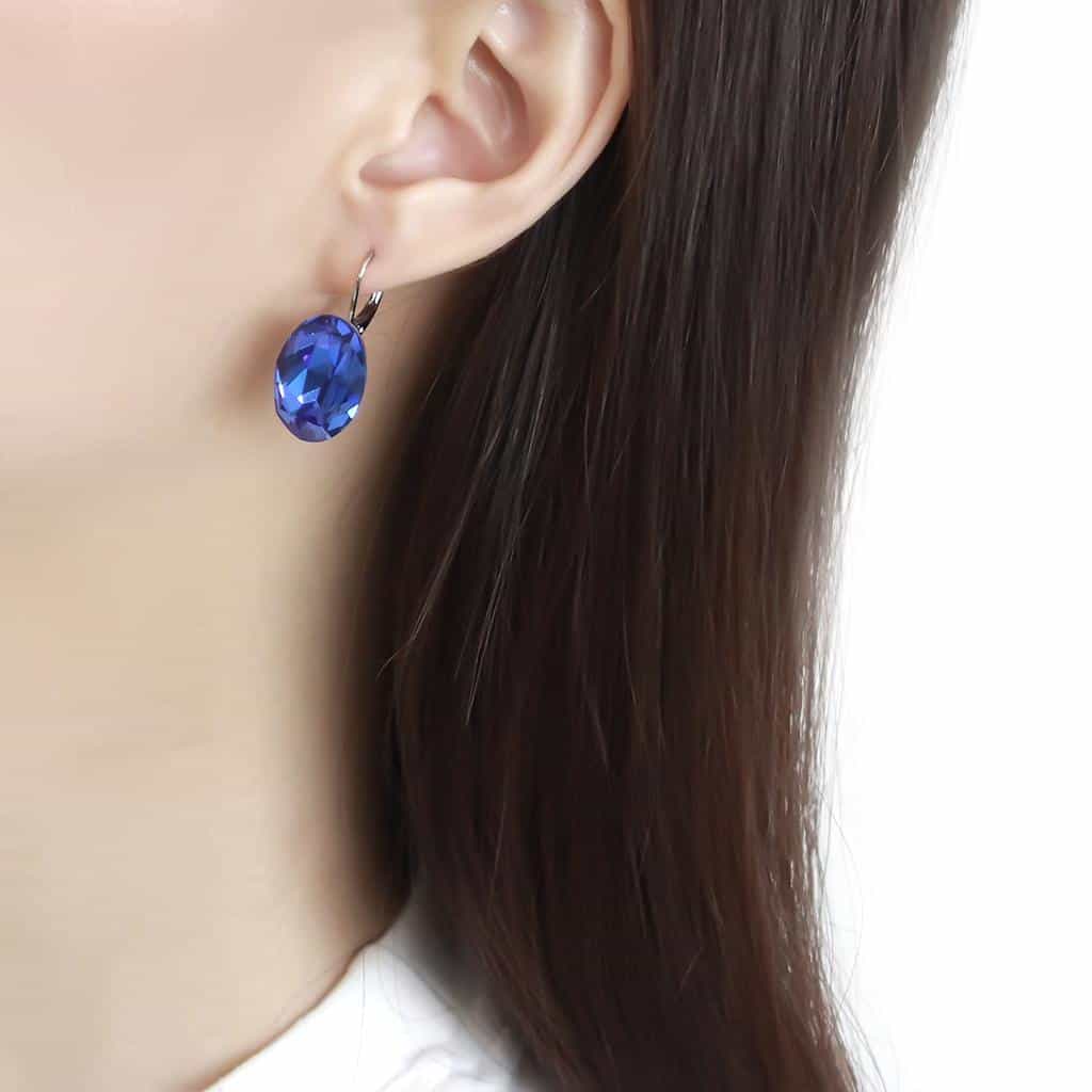 Stainless Steel Silver Blue Tanzanite Crystal Oval Lever Earrings view 3
