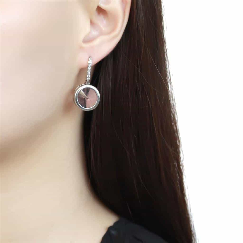 Stainless Steel Silver Light Rose Crystal Round CZ Pave Earrings view 3