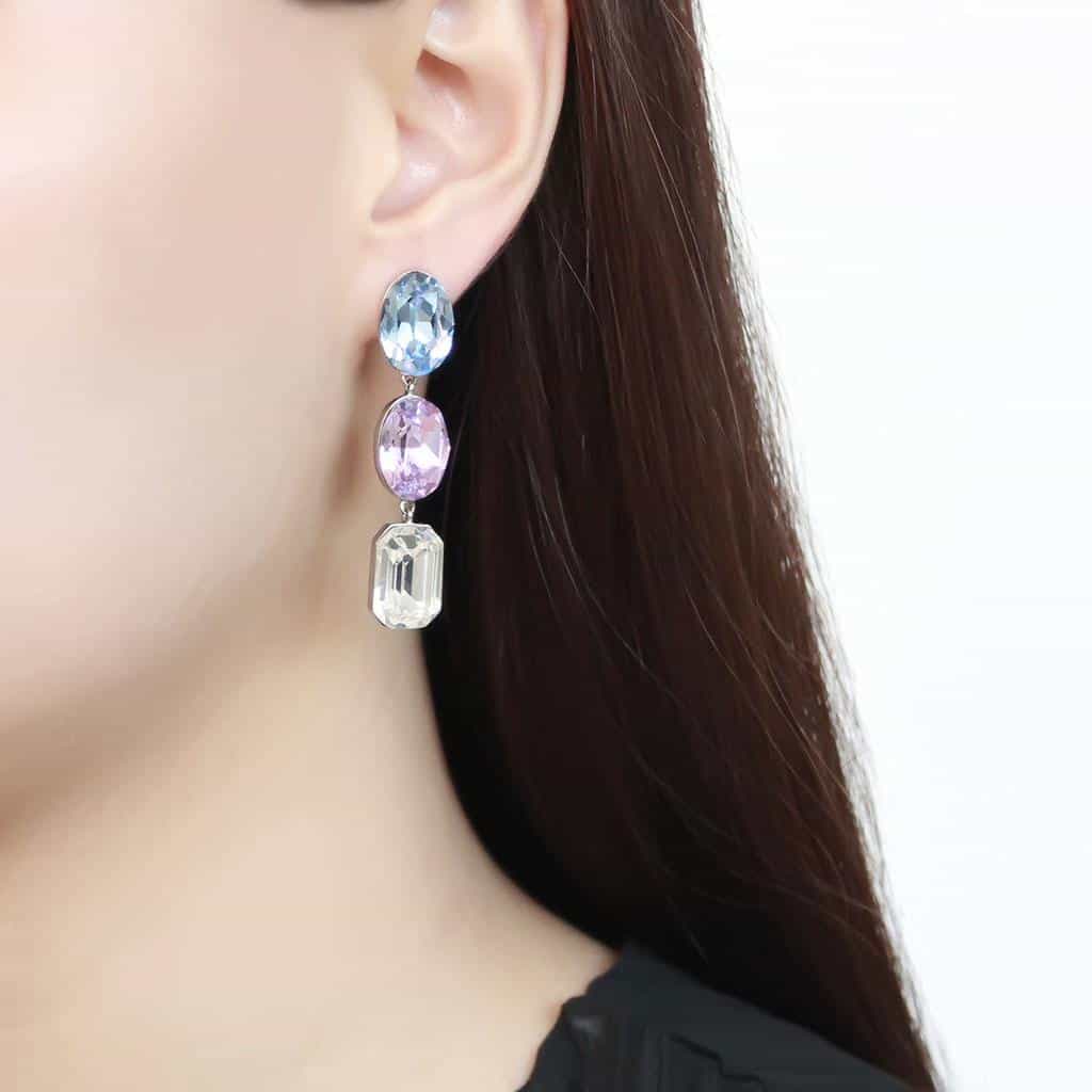 Stainless Steel Aquamarine Light Blue Crystal Oval Earrings view 3
