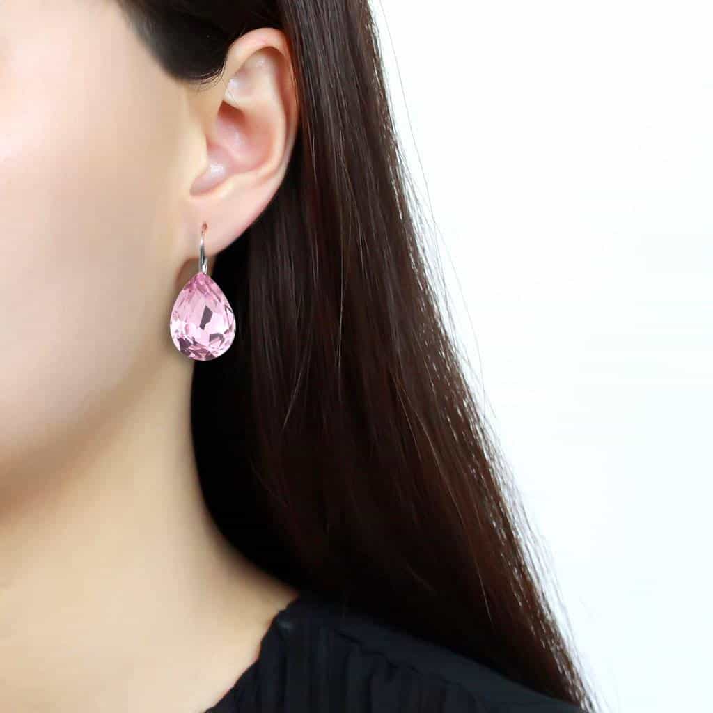 Stainless Steel Silver Light Rose Pink Crystal Pear Earrings view 3