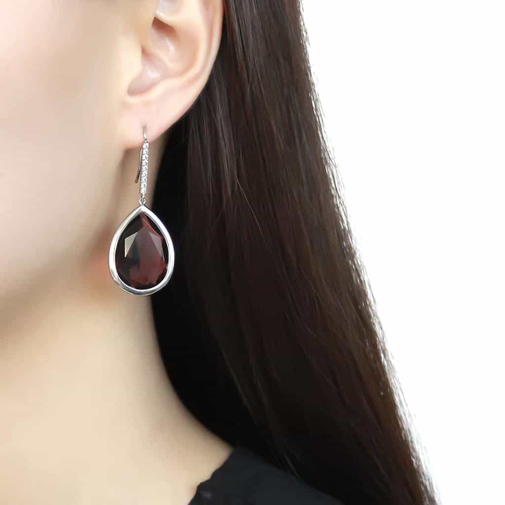 Stainless Steel Silver Dark Burgundy Crystal Pear CZ Earrings view 3