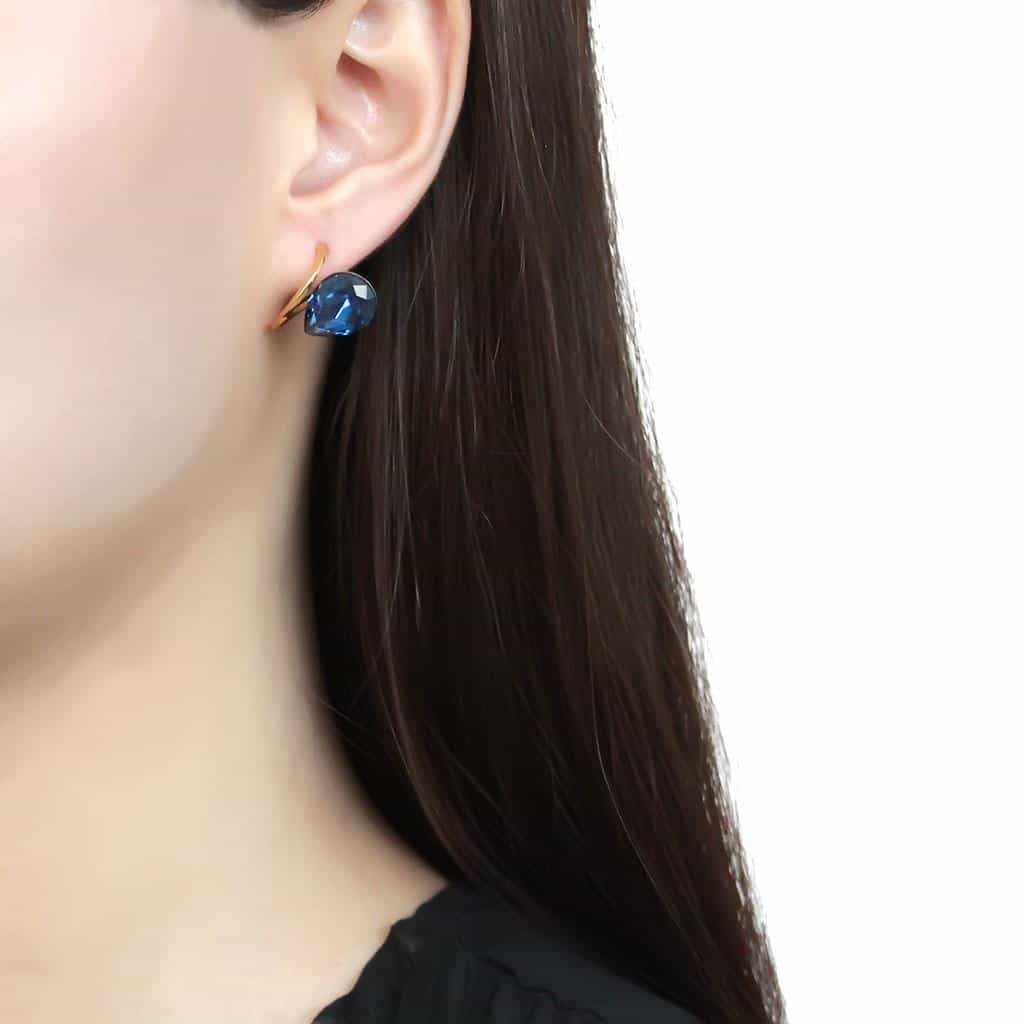 Stainless Steel Gold IP Montana Blue Crystal Pear Earrings view 3