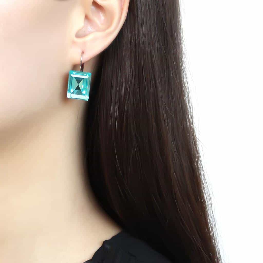 Stainless Steel Silver Aquamarine Crystal Emerald Cut Earrings view 3