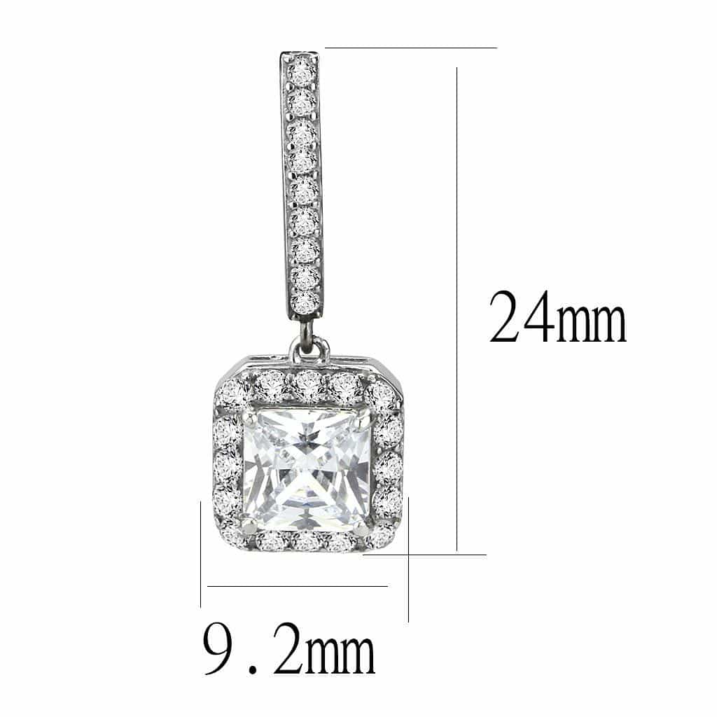 Stainless Steel CZ Princess Square Halo Pave Huggie Drop Earrings view 2