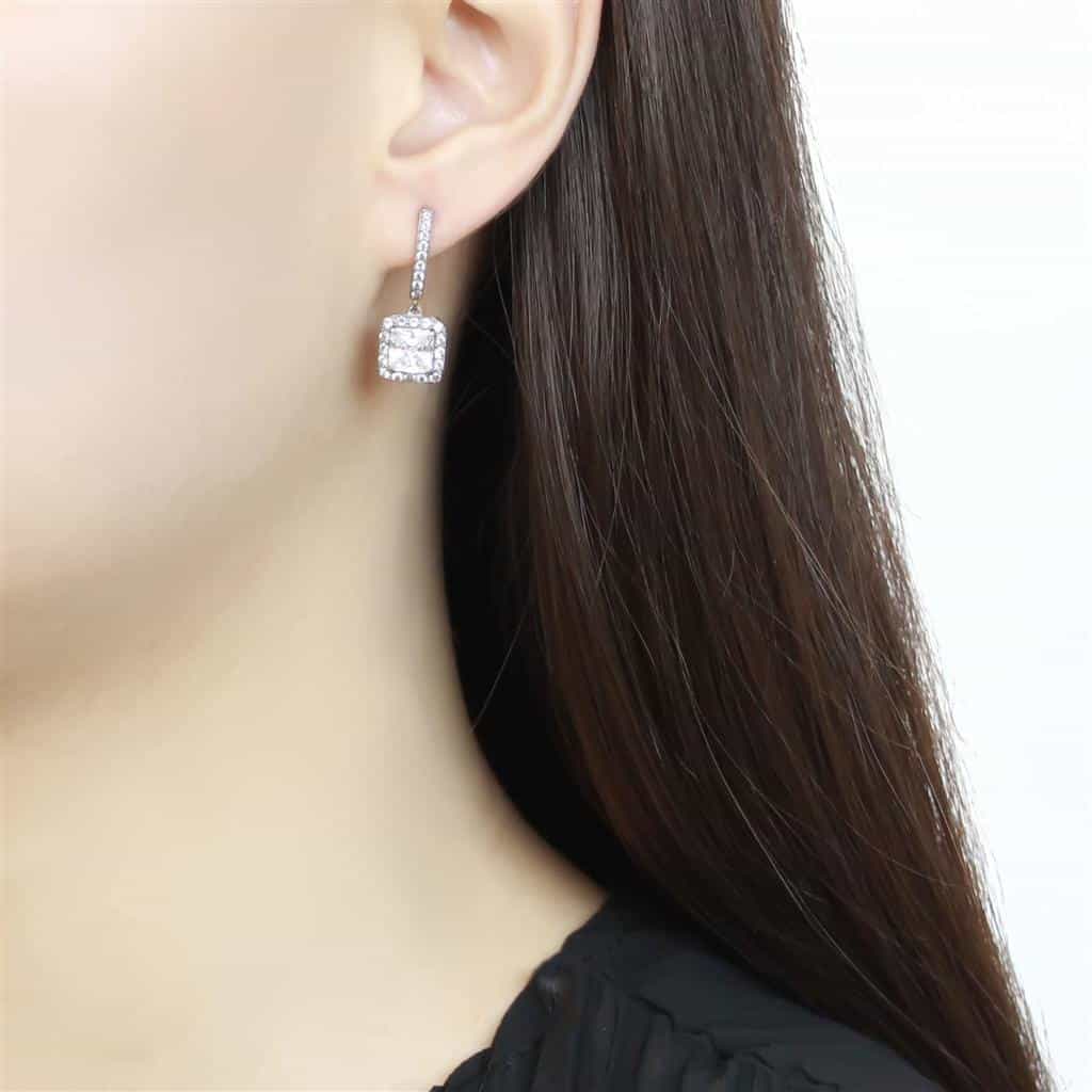 Stainless Steel CZ Princess Square Halo Pave Huggie Drop Earrings view 3