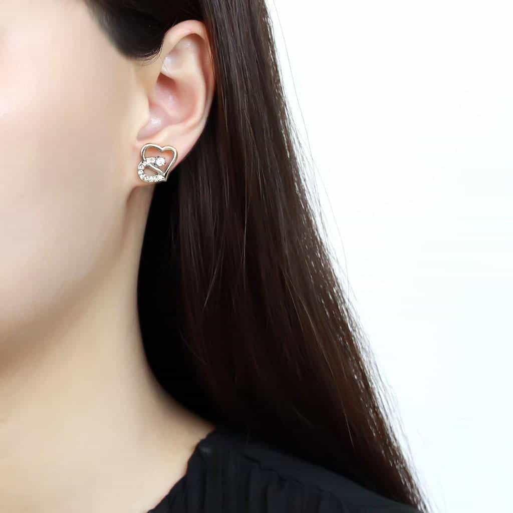 Stainless Steel Silver CZ Heart Open Stud Earrings view 3