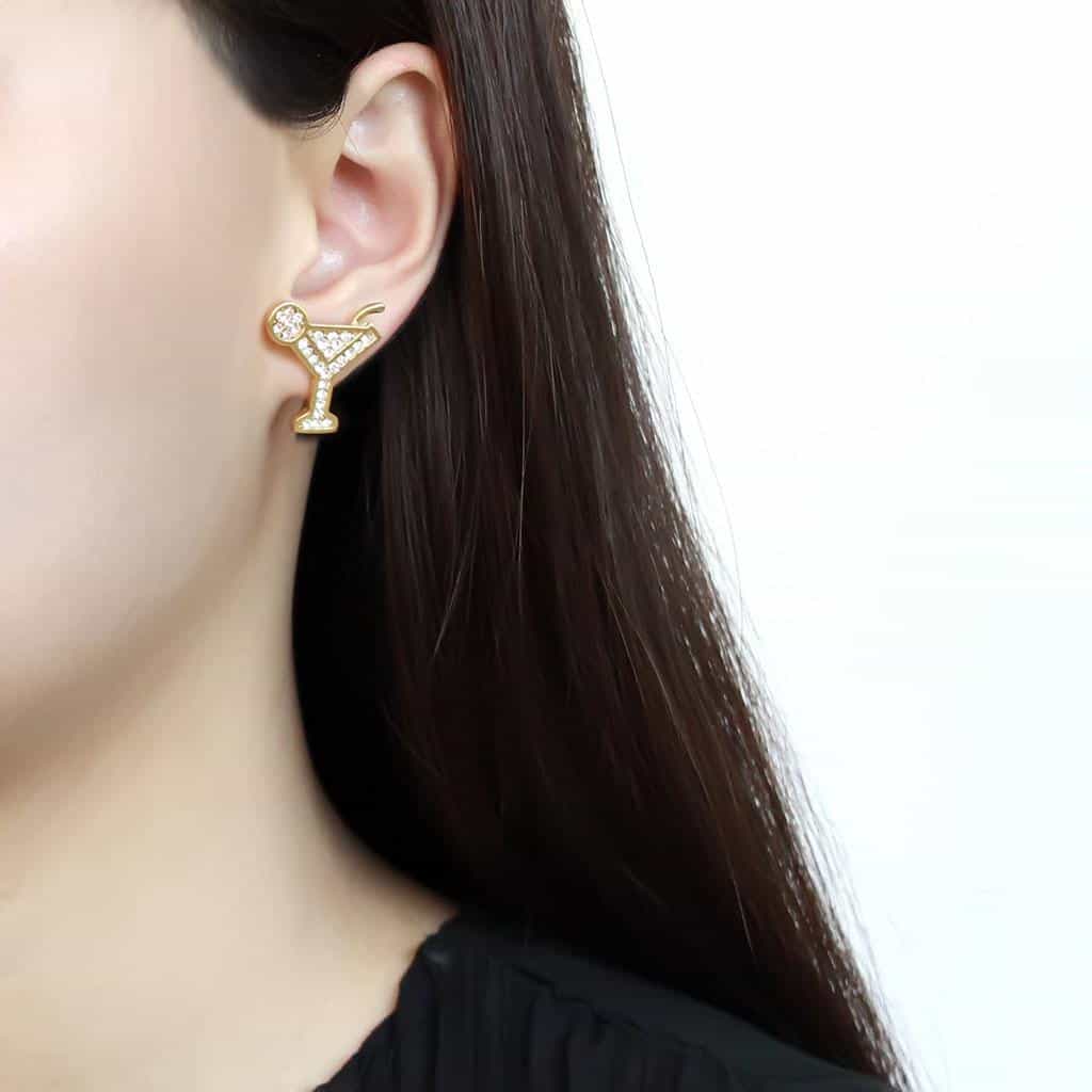 Stainless Steel Gold IP CZ Pave Martini Glass Cocktail Earrings view 3