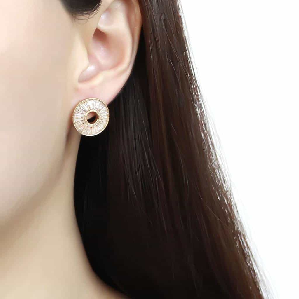 Stainless Steel Gold IP CZ Baguette Circle Sunburst Halo Earrings view 3