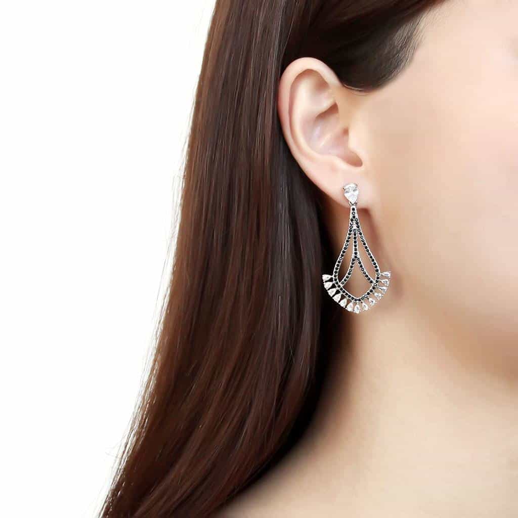 Stainless Steel Silver Black CZ Pave Teardrop Chandelier Earrings view 3