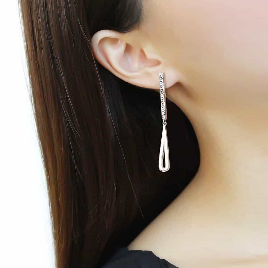 Stainless Steel Silver CZ Round Solitaire Bar Drop Earrings view 3