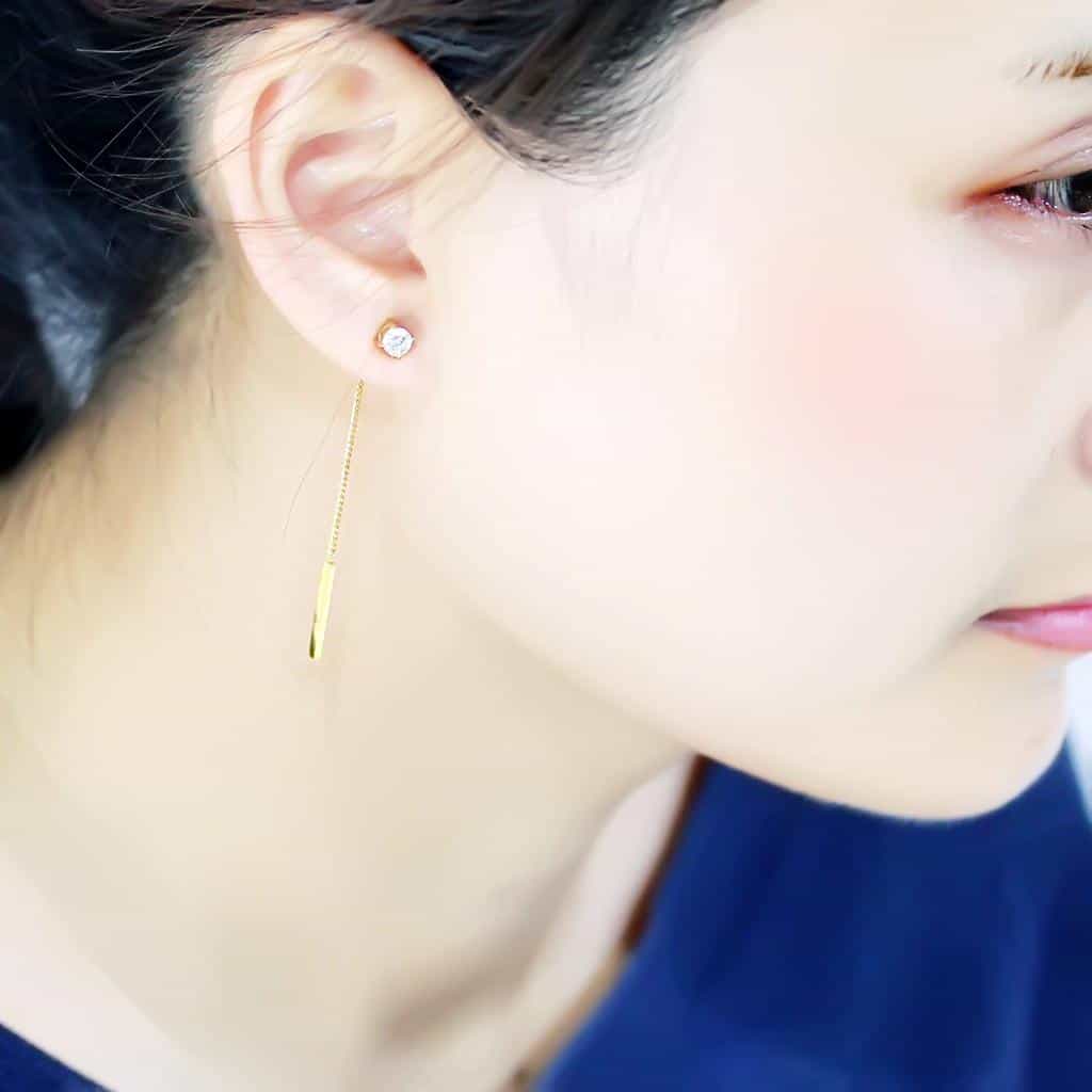 Stainless Steel Gold IP CZ Round Bar Chain Threader Drop Earrings view 3