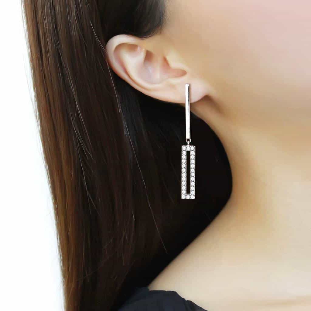 Stainless Steel Silver CZ Square Stud Bar Drop Earrings view 3