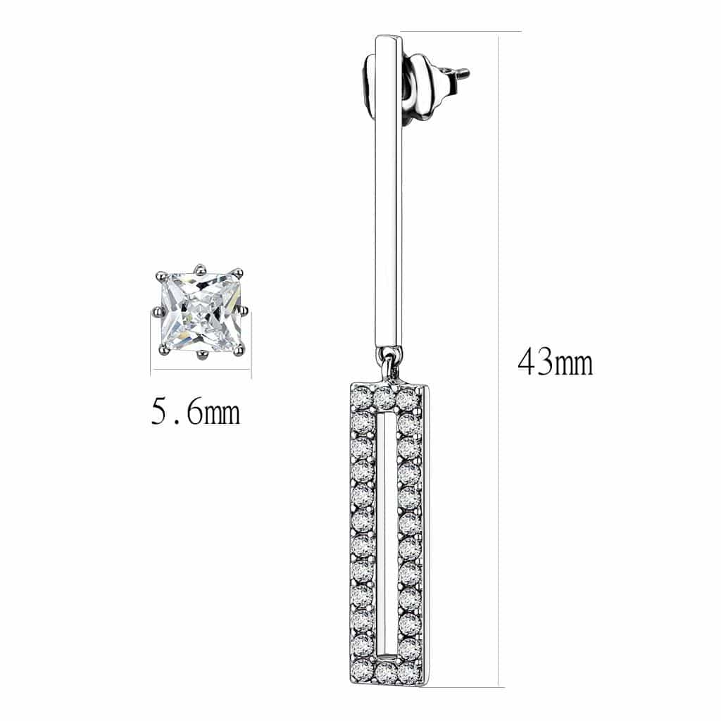Stainless Steel Silver CZ Square Stud Bar Drop Earrings view 4