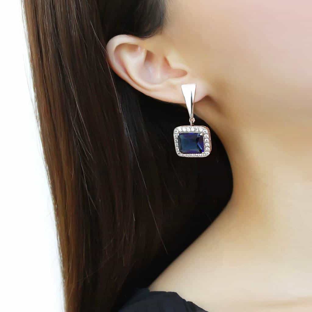 Stainless Steel London Blue CZ Square Halo Pendant Earrings view 2