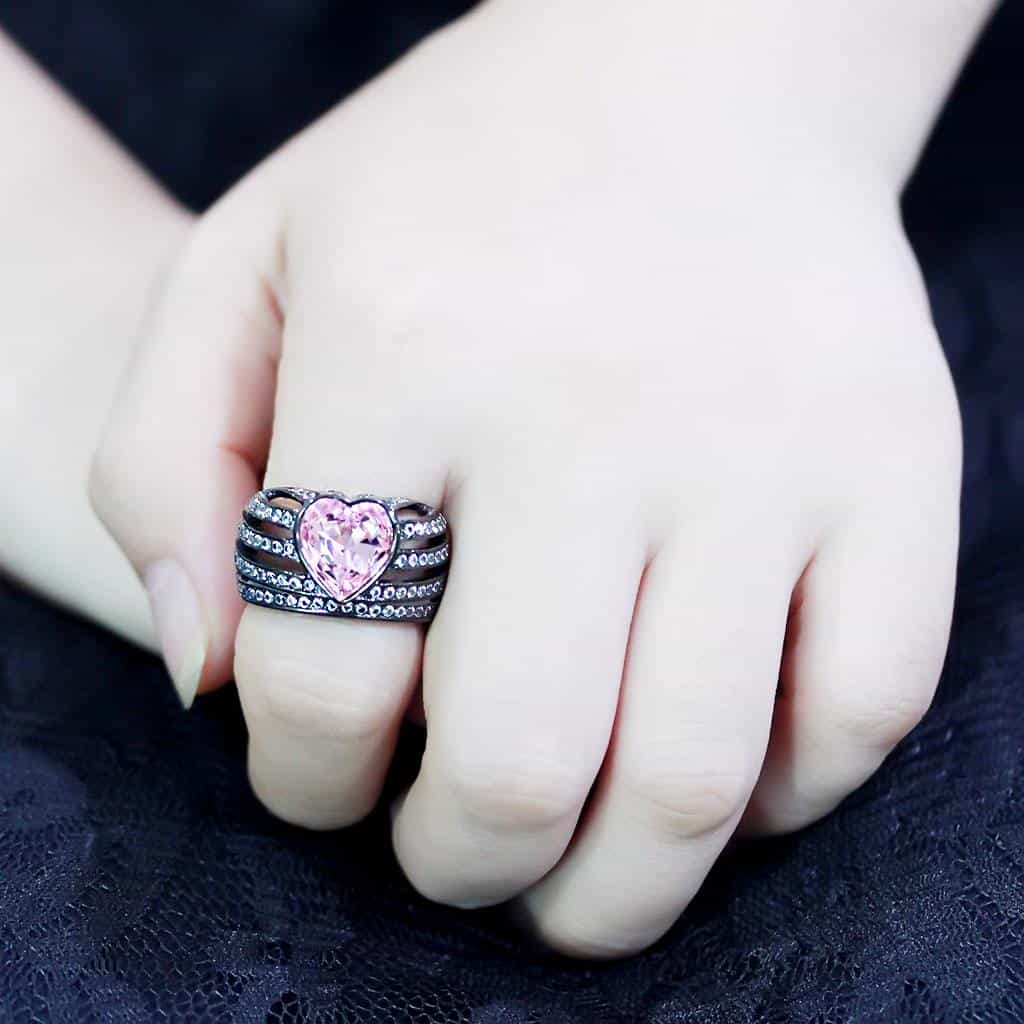 Stainless Steel Dark IP Pink Crystal Heart Pave Wide Ring view 10